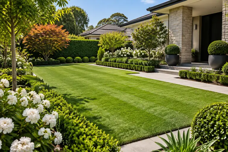 Striped green lawn bordered by hedges and flowering garden beds beside a home